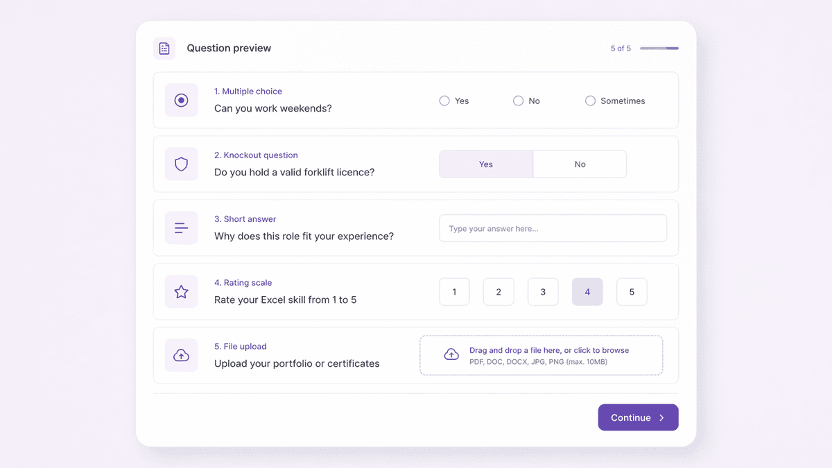 Customisable prequalification form builder with multiple question types including multiple choice, knockout, short answer, rating scale, and file upload options