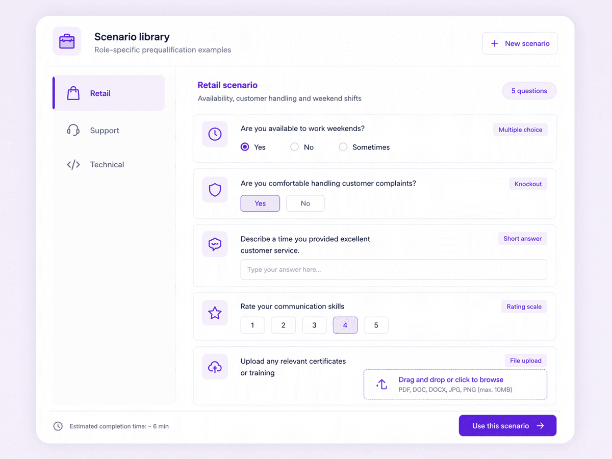 Role-specific prequalification scenario examples for retail, support, and technical positions with tailored screening criteria