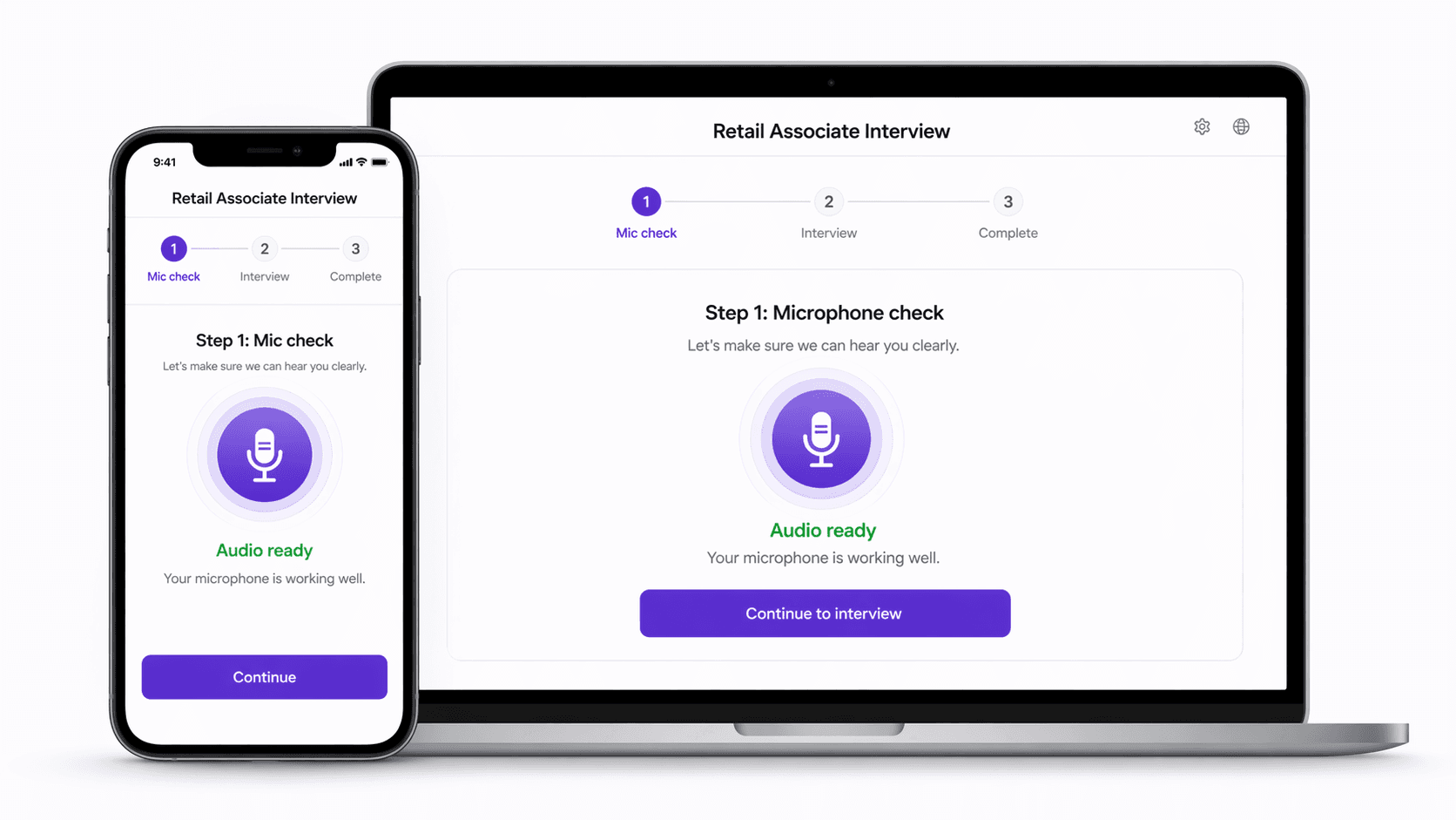 Mobile and desktop microphone check for a role-specific Skill Society voice interview