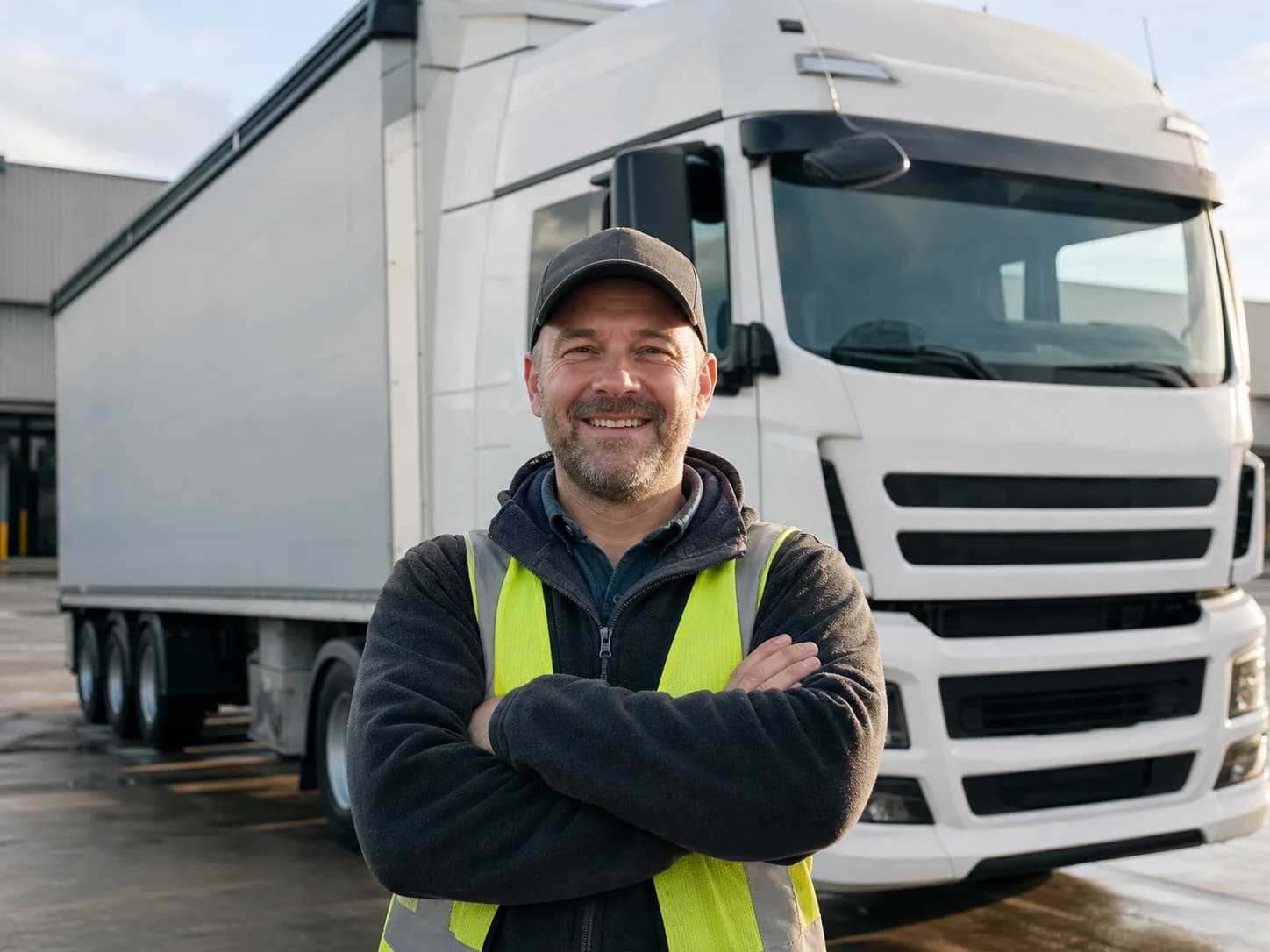 Truck driver at a freight depot representing multi-location transport hiring