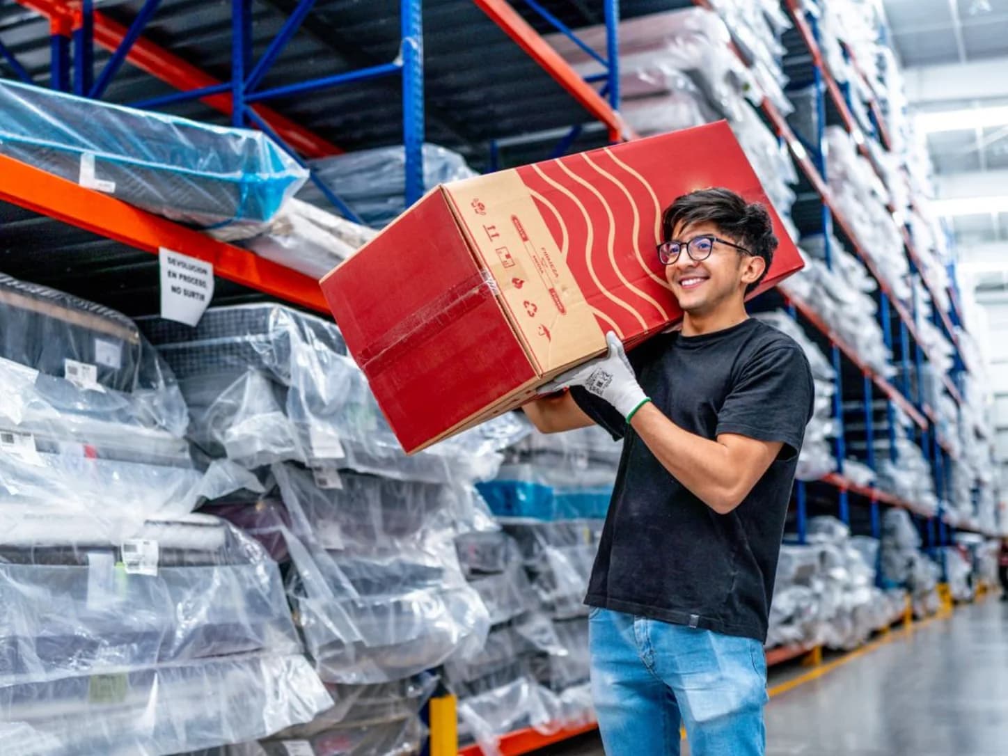 Smiling warehouse worker carrying a box between stocked industrial racking